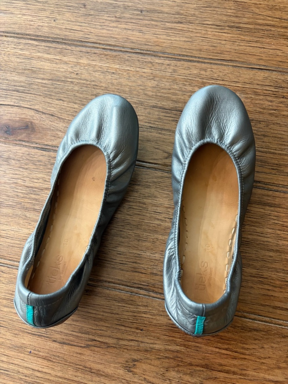 Tieks Metallic Gray Ballet Flats with Teal Heel Tab